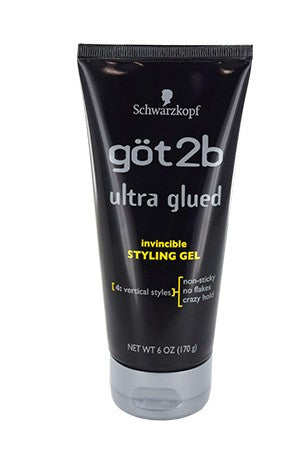 A black tube of göt2b ultra glued styling gel, 6 oz size, with yellow and white text on the label.